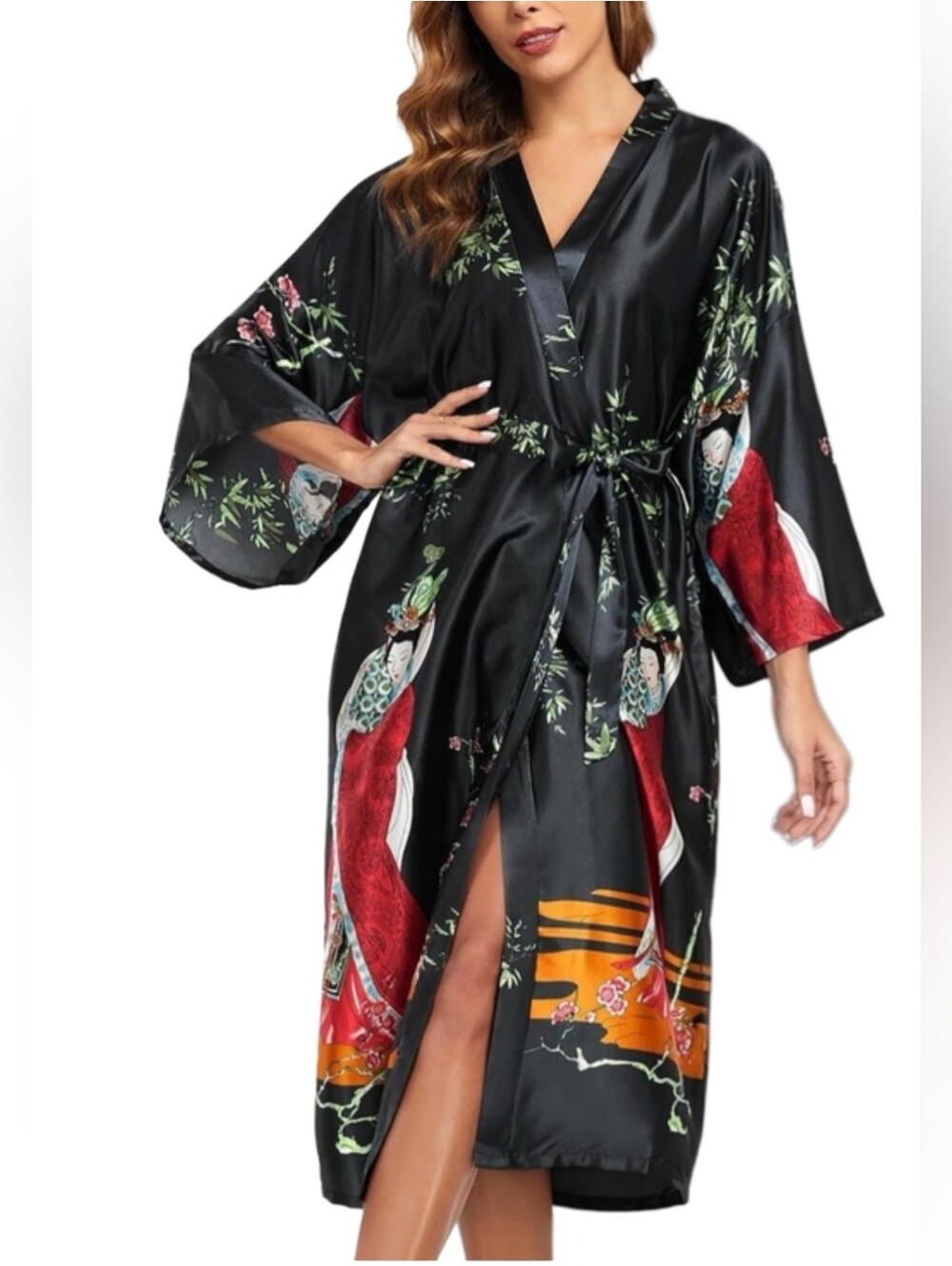 Shanghai Soho Black Geisha Floral Silk Blend Kimono Robe M/L